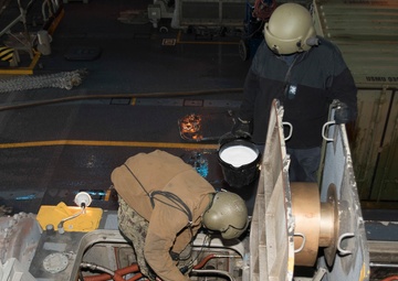 Naval Beach Unit (NBU) 7 Personnel Conduct Maintenance on Landing Craft Air Cushion (LCAC) 21 In the Well Deck of Amphibious Assault Ship USS Bonhomme Richard (LHD 6)