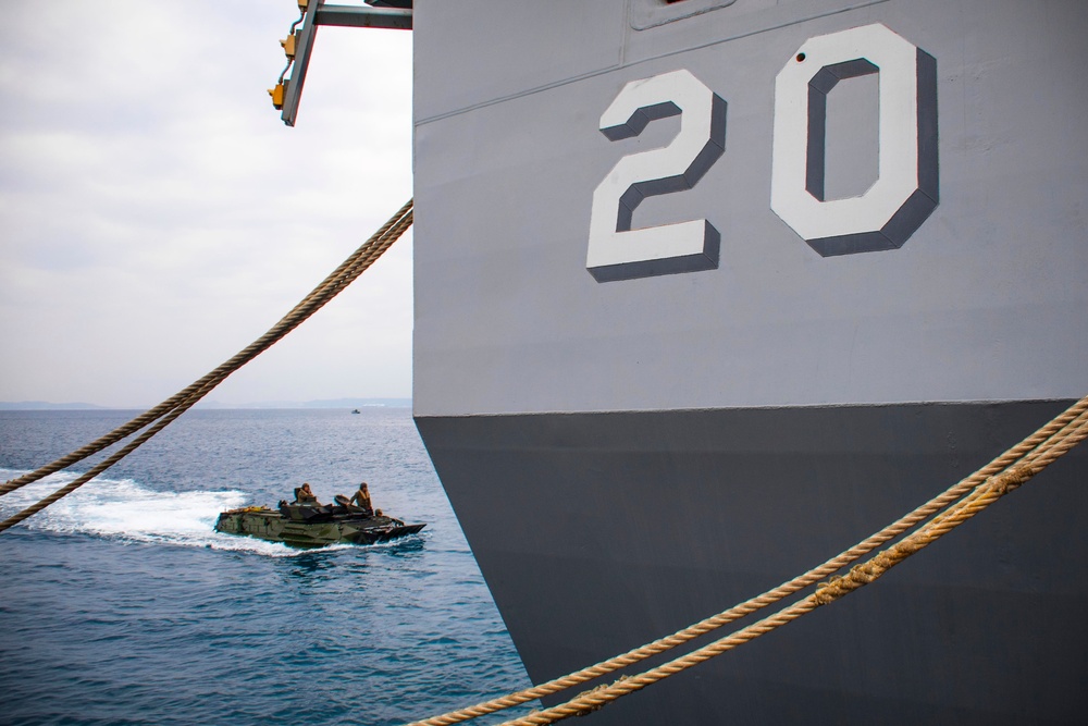 AAVs from 3rd Battalion, 3rd Marine Regiment, embark USS Green Bay