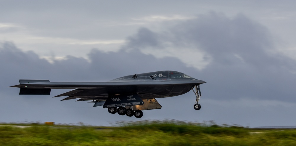 B-2 Spirit lands after completing a mission at Andersen Air Force Base, Guam