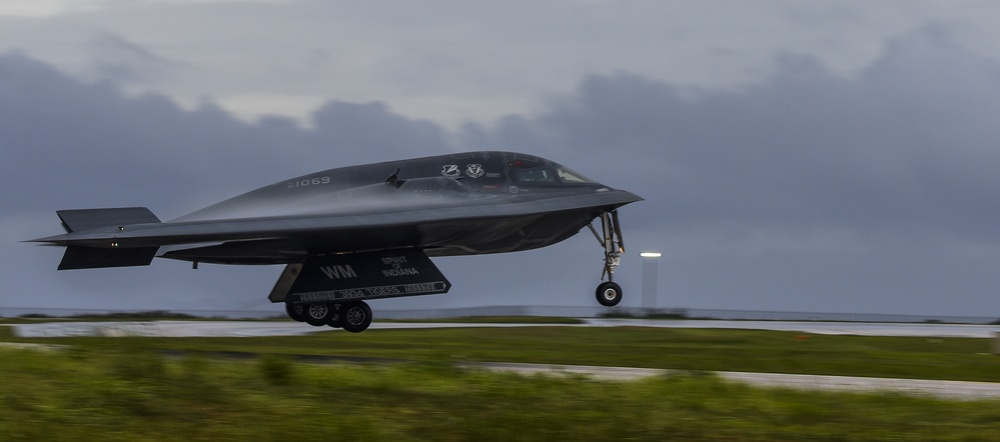 B-2 Spirit lands after completing a mission at Andersen Air Force Base, Guam