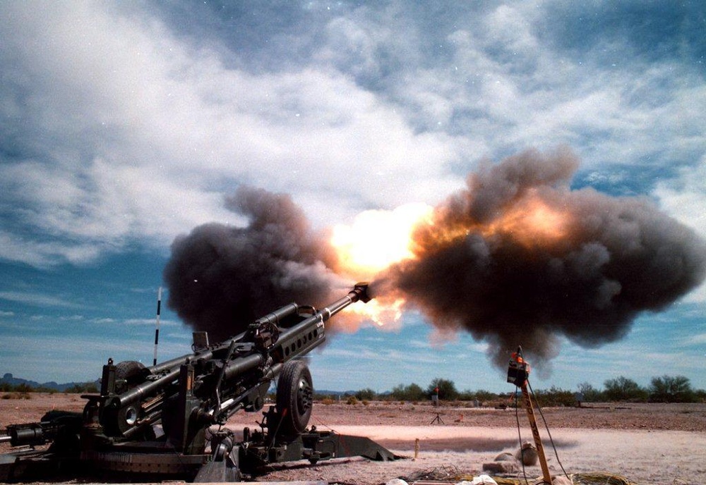 An M777 155mm howitzer fires at Yuma Proving Ground