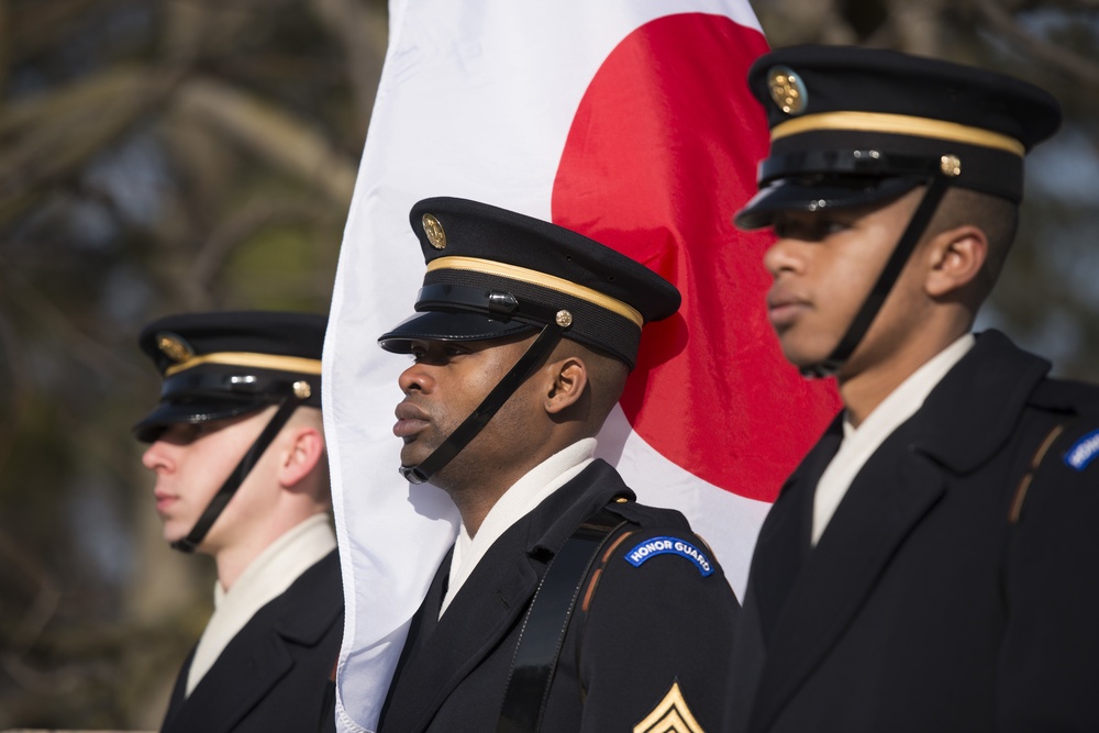 The Prime Minister of Japan lays a wreath at the Tomb of the Unknown Soldier in Arlington National Cemetery