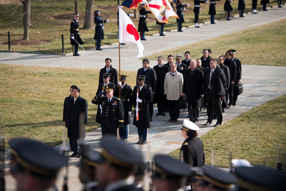 The Prime Minister of Japan lays a wreath at the Tomb of the Unknown Soldier in Arlington National Cemetery