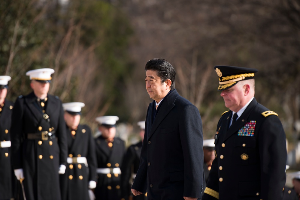 The Prime Minister of Japan lays a wreath at the Tomb of the Unknown Soldier in Arlington National Cemetery