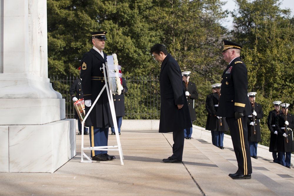 The Prime Minister of Japan lays a wreath at the Tomb of the Unknown Soldier in Arlington National Cemetery