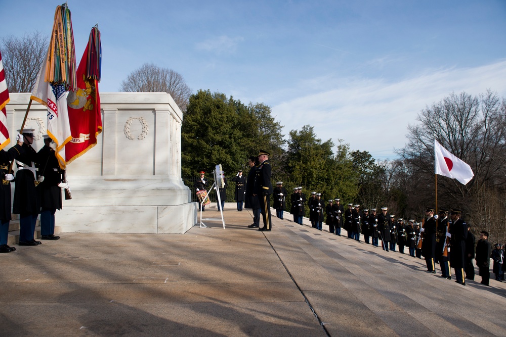 The Prime Minister of Japan lays a wreath at the Tomb of the Unknown Soldier in Arlington National Cemetery