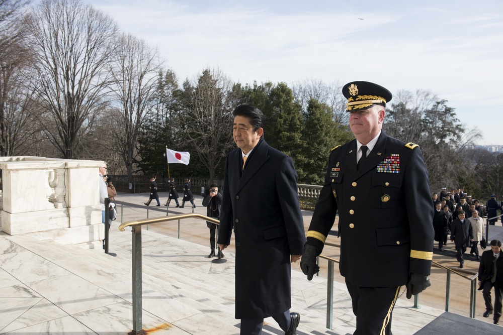 The Prime Minister of Japan lays a wreath at the Tomb of the Unknown Soldier in Arlington National Cemetery