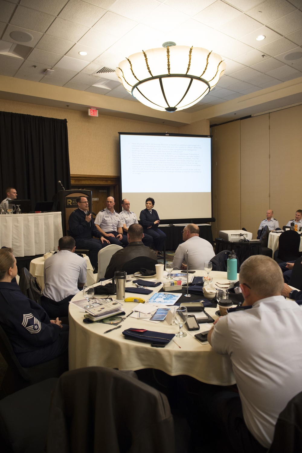 Leadership from the 124th Fighter Wing hold a panel discussion with Airmen from the wing