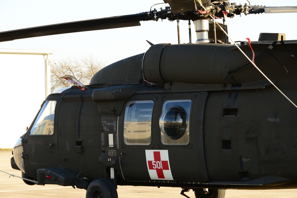 10th Combat Aviation Brigade Black Hawk helicopters sit on the flight line at Katterbach Army Airfield in Ansbach, Bavaria, Germany
