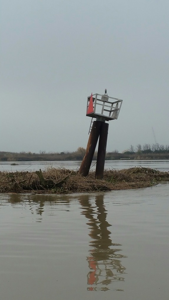 Debris surrounds navigation aid in Sacramento River