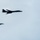 170214-N-CG677-112 Three military aircraft are flying in a loose formation against an overcast gray sky. The formation consists of one large strategic bomber in the upper center and two smaller fighter jets positioned to the lower left. The aircraft are silhouetted against the pale sky, suggesting the photo was taken from the ground looking upward.