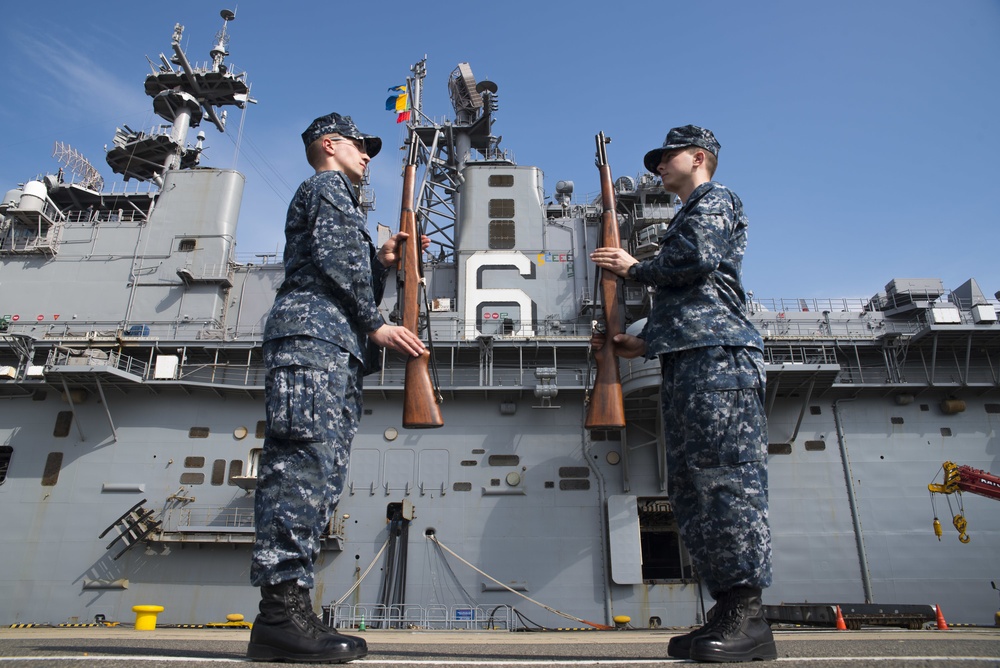 USS Bonhomme Richard (LHD 6) Sailors conduct a Drill Meet Rehearsal