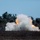 The image shows a large explosion or detonation event occurring in an open field near a treeline. Multiple simultaneous bursts of white smoke and orange flames are visible, suggesting either an artillery strike, controlled demolition, or military exercise. The scene is captured at dusk or dawn based on the low ambient light and blue-grey sky.