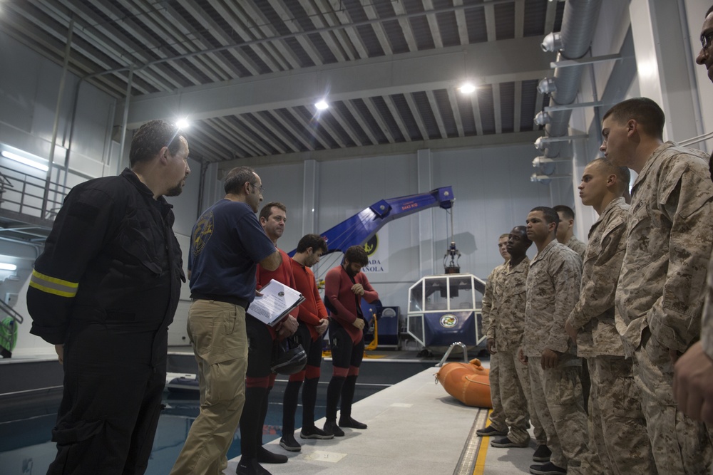 U.S. Marines practice water survival skills with Spanish allies