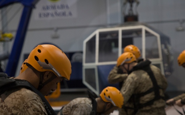 U.S. Marines practice water survival skills with Spanish allies