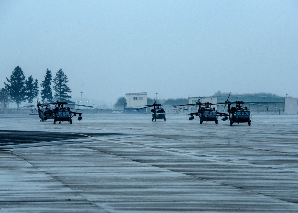Black Hawk helicopters in the morning dawn