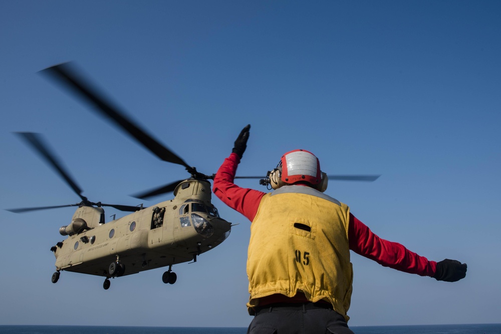 U.S. Army and Navy work together to land Army helicopters on USS Green Bay’s flight deck during Cobra Gold