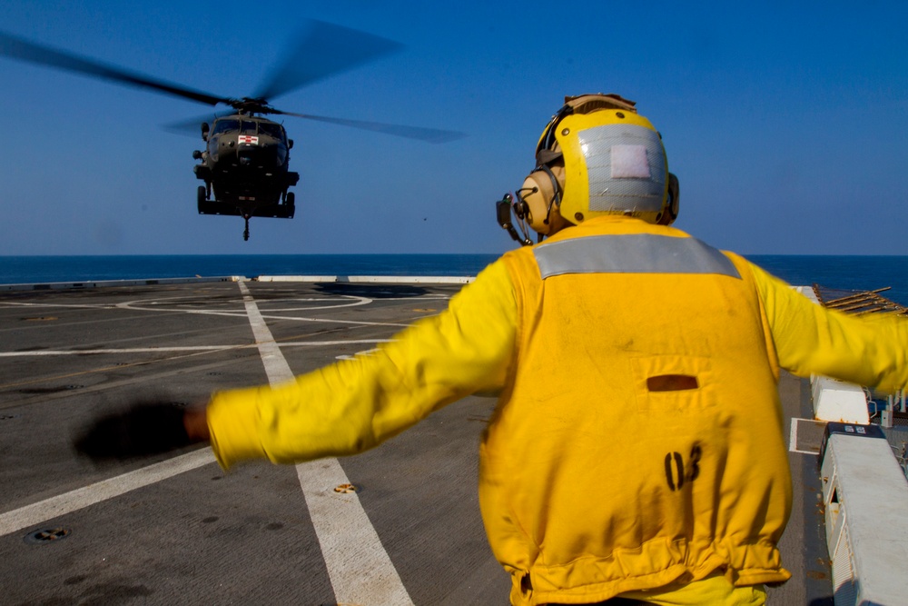 Army helicopters land on USS Green Bay during Exercise Cobra Gold