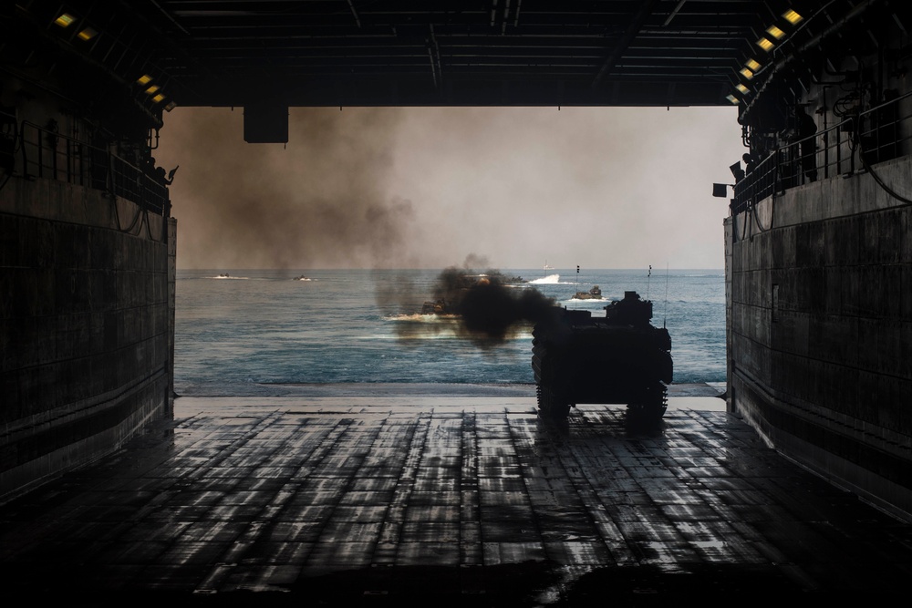 AAVs depart Green Bay’s well deck during Exercise Cobra Gold 2017