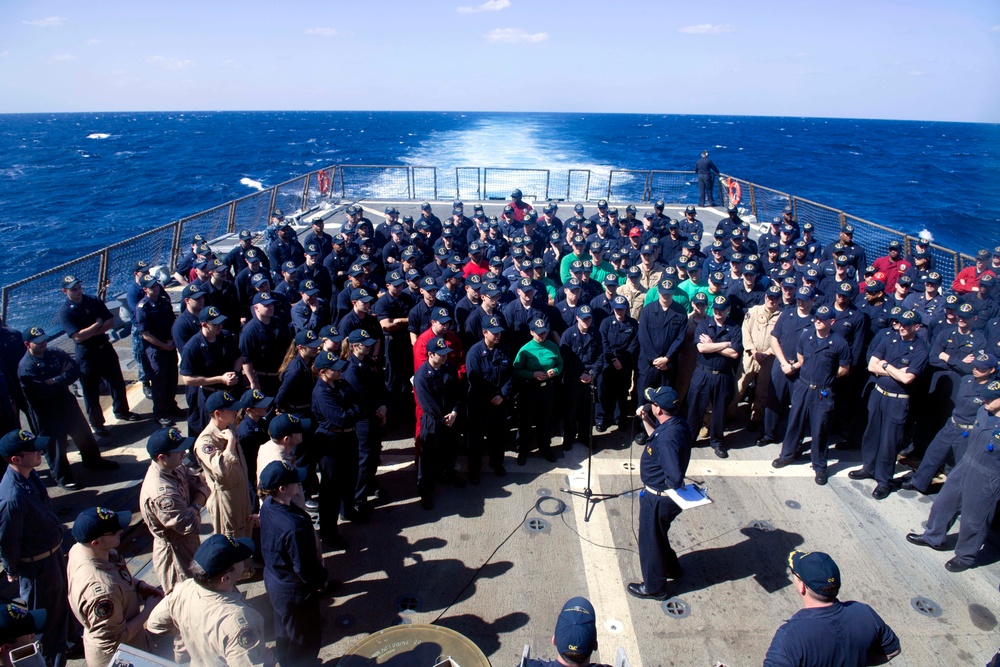 Truxtun, part of the George H.W. Bush Carrier Strike Group (GHWBCSG), is conducting naval operations in the U.S. 6th Fleet area of operations in support of U.S. national security interests in Europe