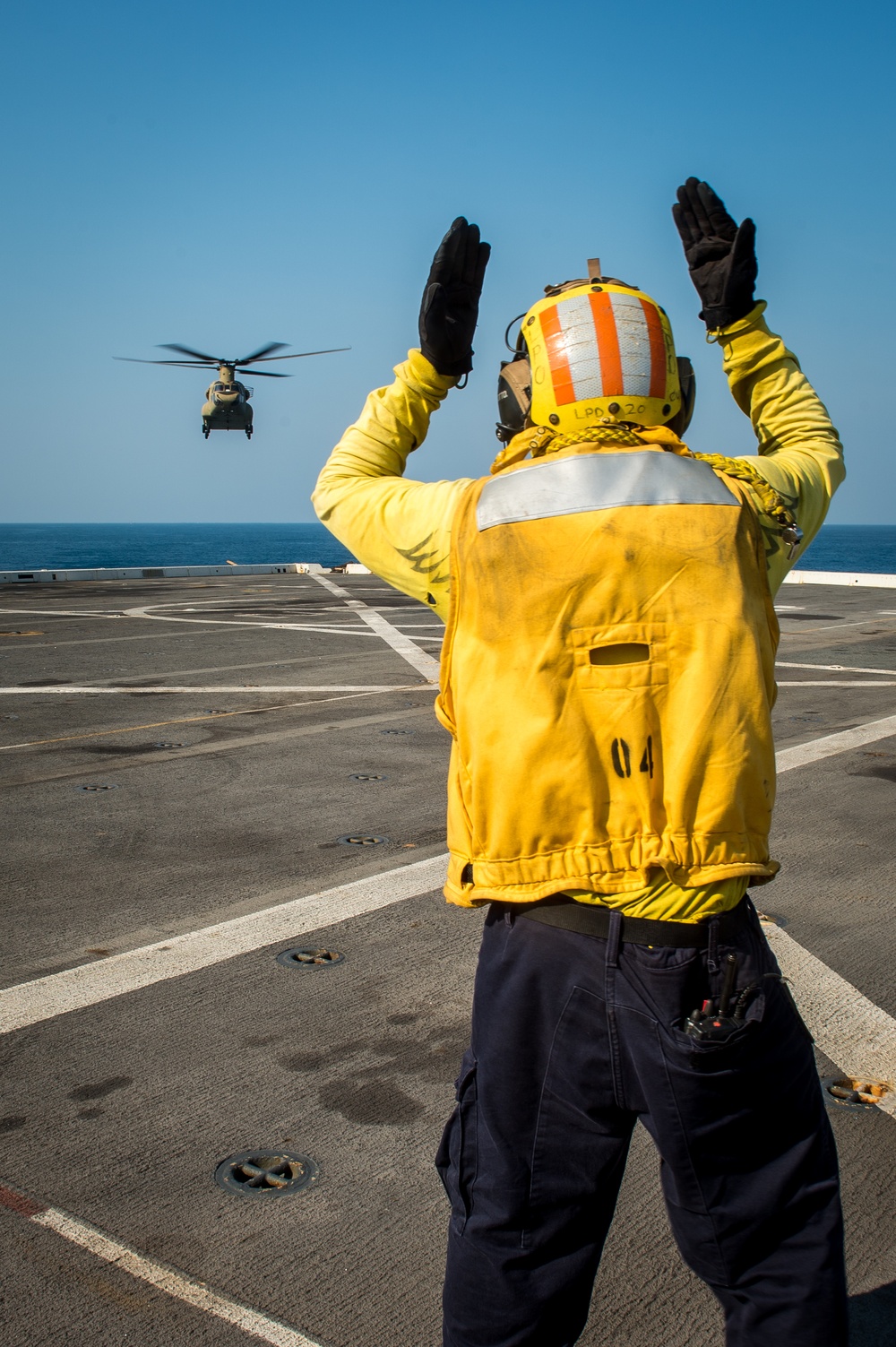 U.S. Army helicopters land on USS Greenbay