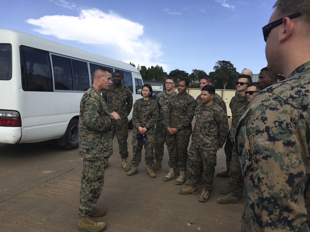 Brig. Gen. David Maxwell visits SPMAGTF-CR-AF LCE Marines in Uganda