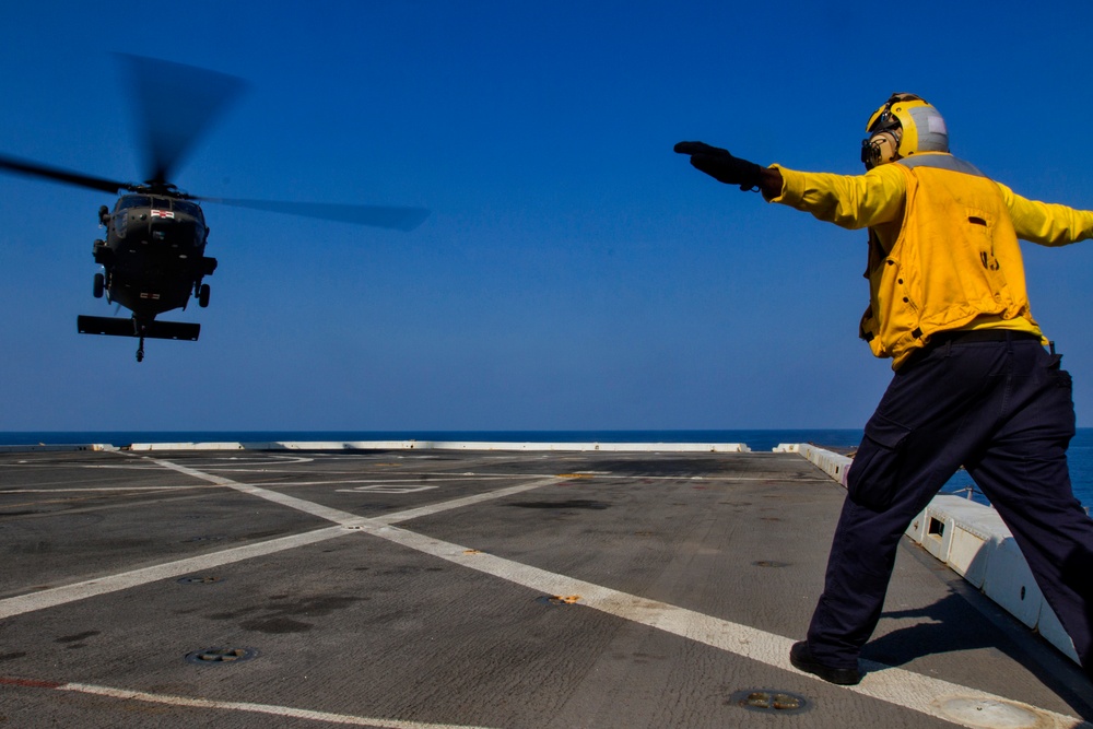 Army helicopters land on USS Green Bay during Exercise Cobra Gold