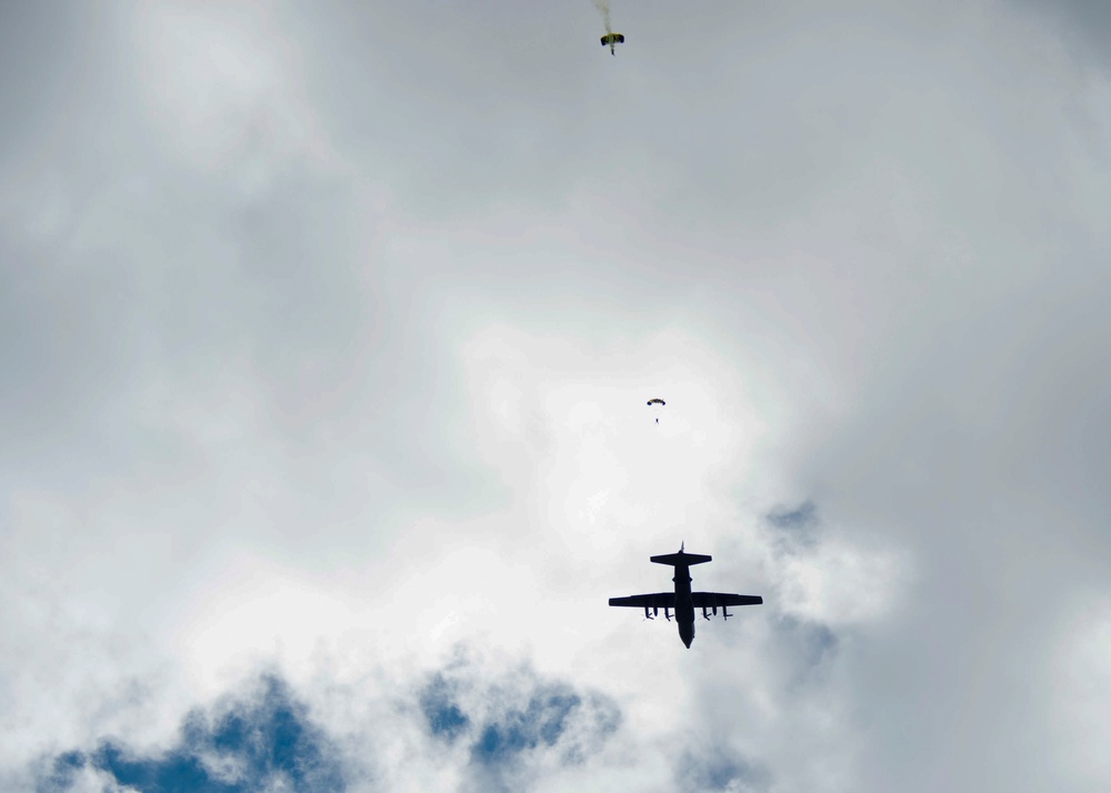 The U.S. Navy parachute team &quot;The Leap Frogs&quot; perform during Navy Week Mobile, Ala.