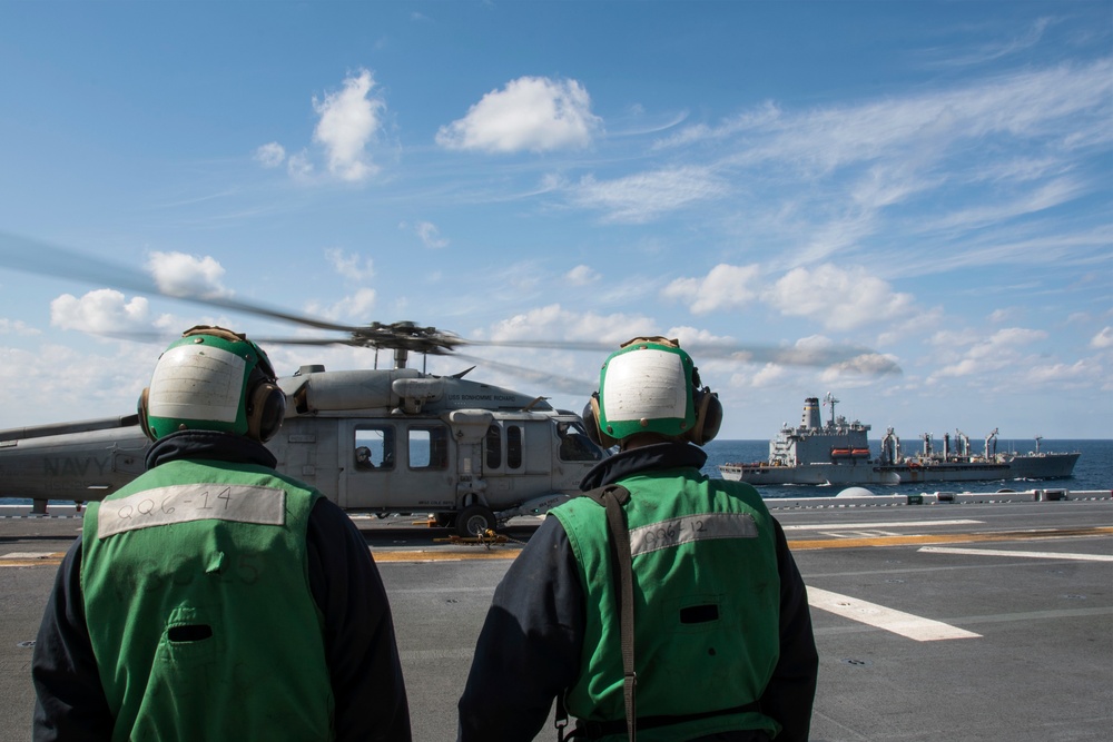 USS Bonhomme Richard (LHD 6) conducts replenishment at sea