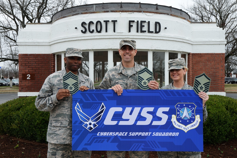 Three Cyberspace Support Squadron members were promoted March 1 to the top three enlisted ranks in the Air Force