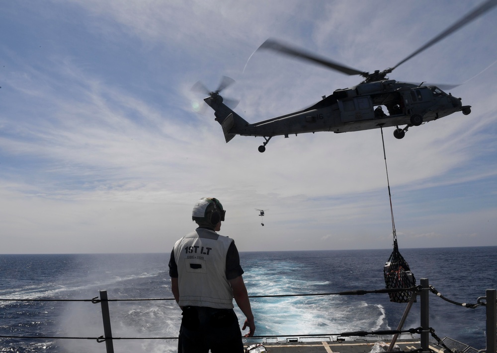 USS Wayne E. Meyer Performs a Vertical Replenishment-at-Sea in the South China Sea