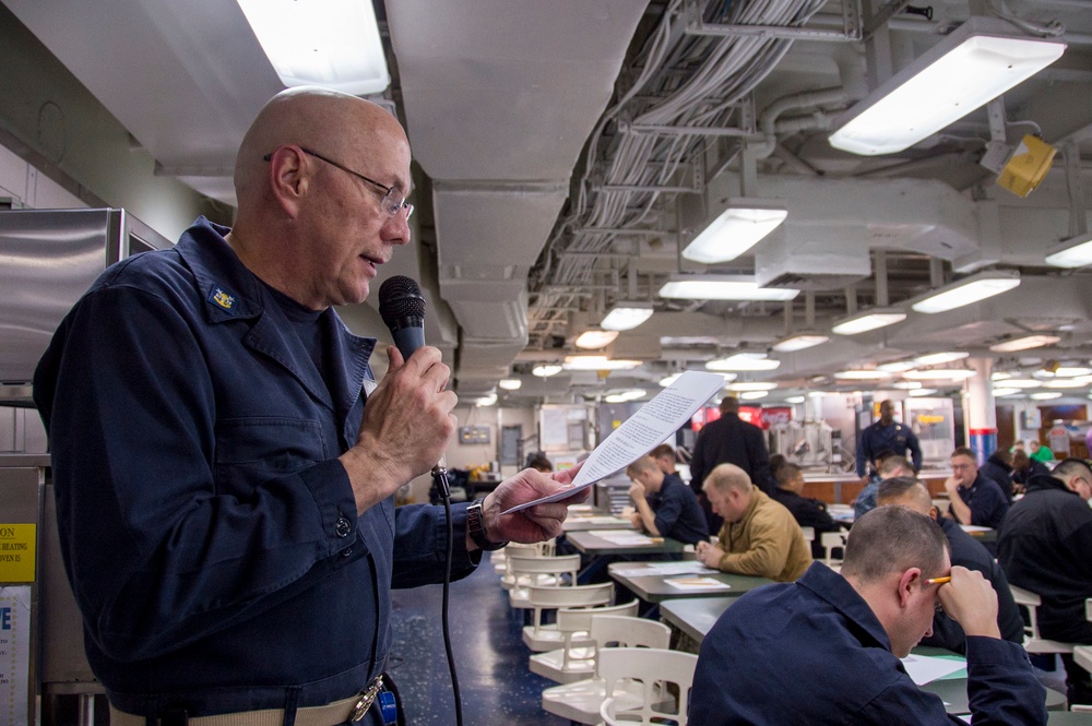Sailors participate in the Navywide advancement exams aboard USS Bonhomme Richard (LHD 6)
