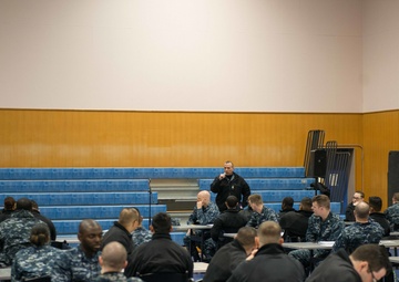 Master Chief Jason Haka Addresses Ronald Reagan Sailors Before They Take a Petty Officer First Class Advancement Exam at James D. Kelly Fleet Recreation Center