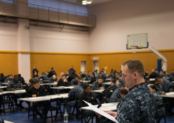 Reads Instructions to Ronald Reagan Sailors Before a Petty Officer First Class Advancement Exam at James D. Kelly Fleet Recreation Center