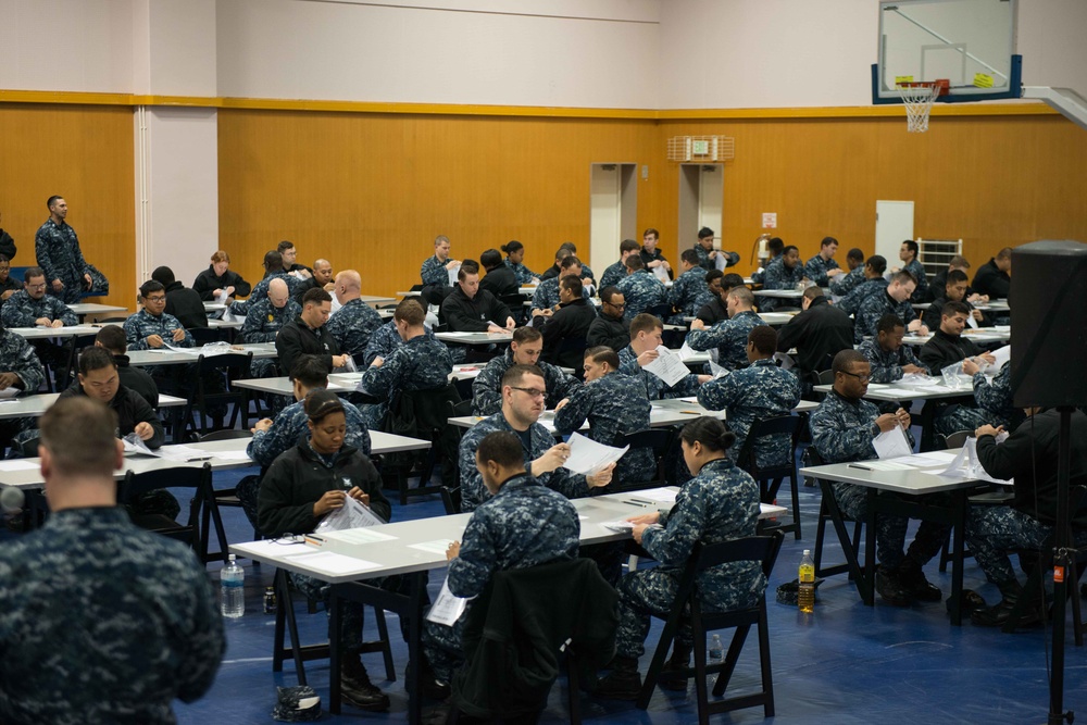 Sailors Assigned to the Navy's Only Forward-Deployed Aircraft Carrier, USS Ronald Reagan (CVN 76), Begin a Petty Officer First Class Advancement Exam at James D. Kelly Fleet Recreation Center