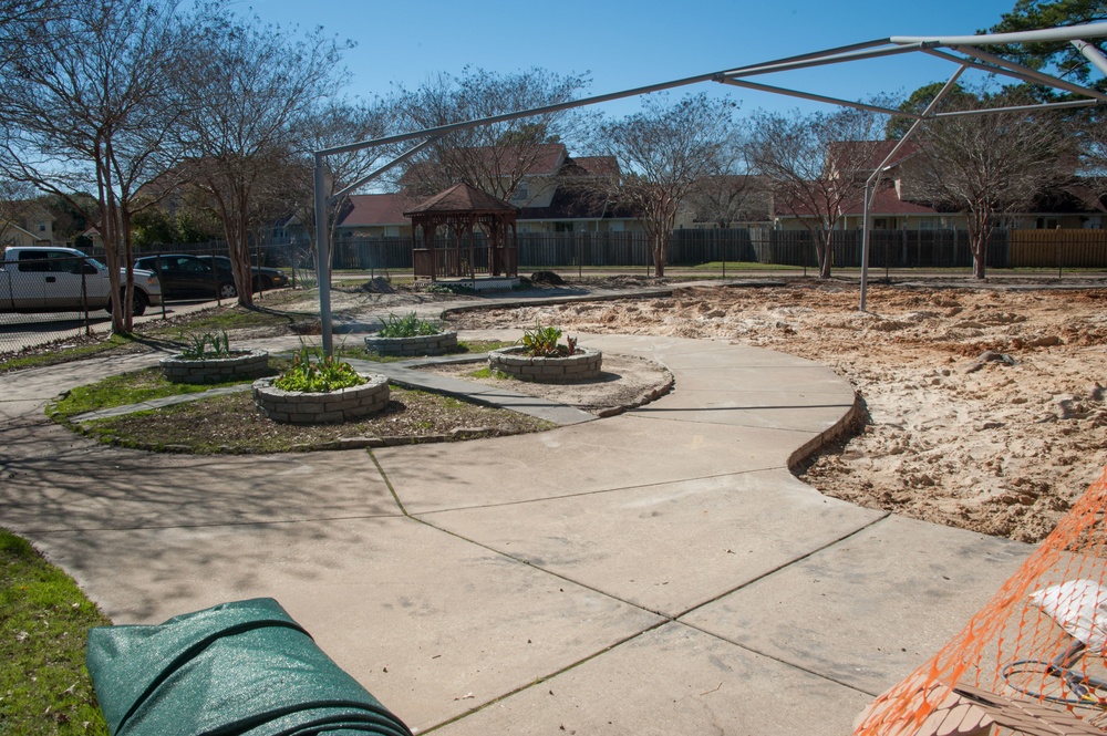 Ongoing construction Bldg 22, playgrounds for Child Development Center