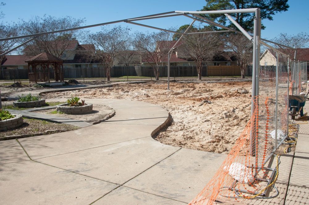Ongoing construction Bldg 22, playgrounds for Child Development Center