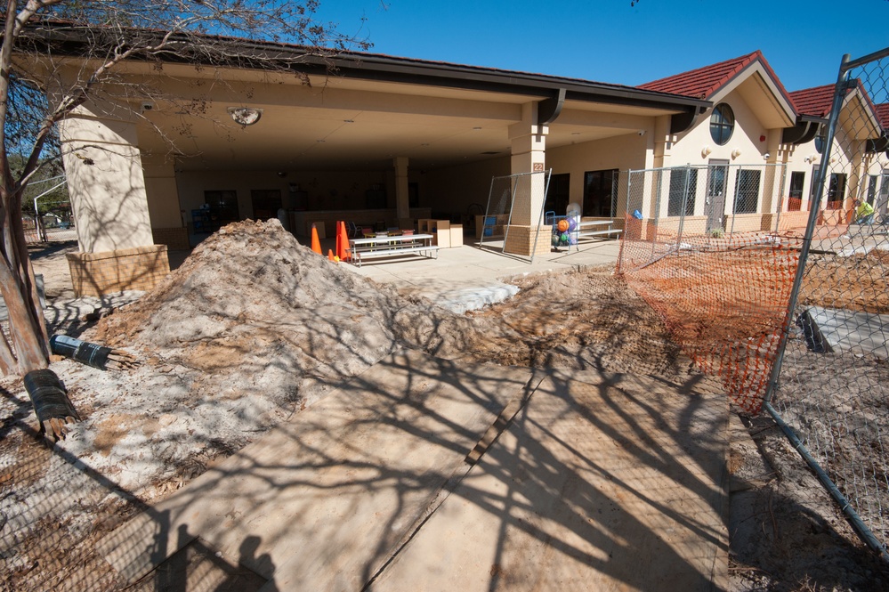 Ongoing construction Bldg 22, playgrounds for Child Development Center