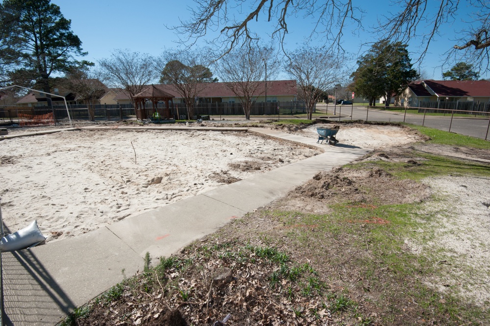 Ongoing construction Bldg 22, playgrounds for Child Development Center