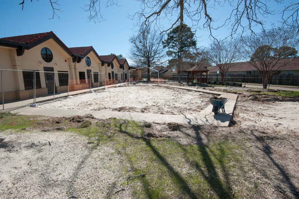 Ongoing construction Bldg 22, playgrounds for Child Development Center