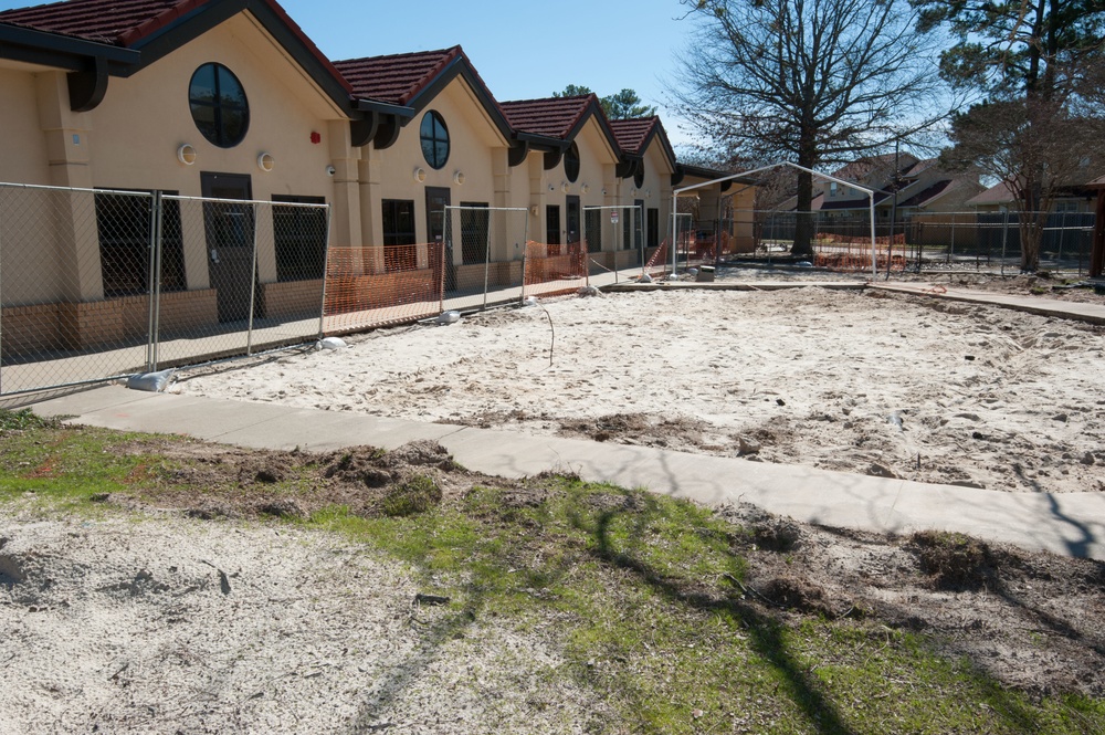 Ongoing construction Bldg 22, playgrounds for Child Development Center