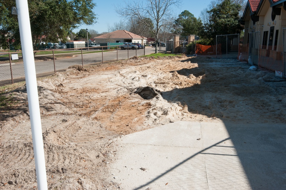 Ongoing construction Bldg 22, playgrounds for Child Development Center