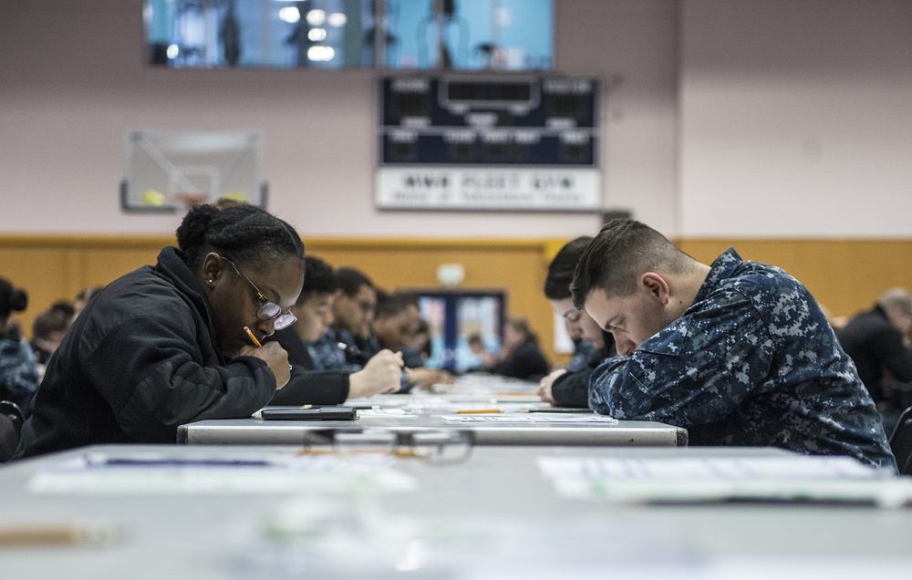 Sailors Prepare For A Petty Officer Second Class Advancement Exam At James D. Kelly Fleet Recreation Center