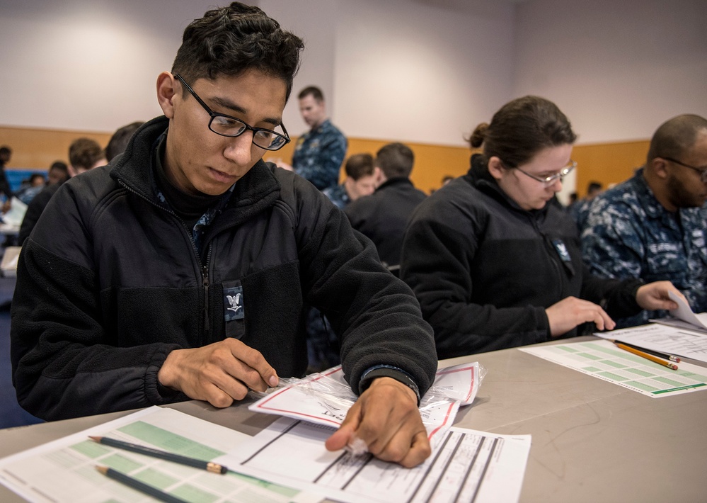 Sailors Prepare For A Petty Officer Second Class Advancement Exam At James D. Kelly Fleet Recreation Center