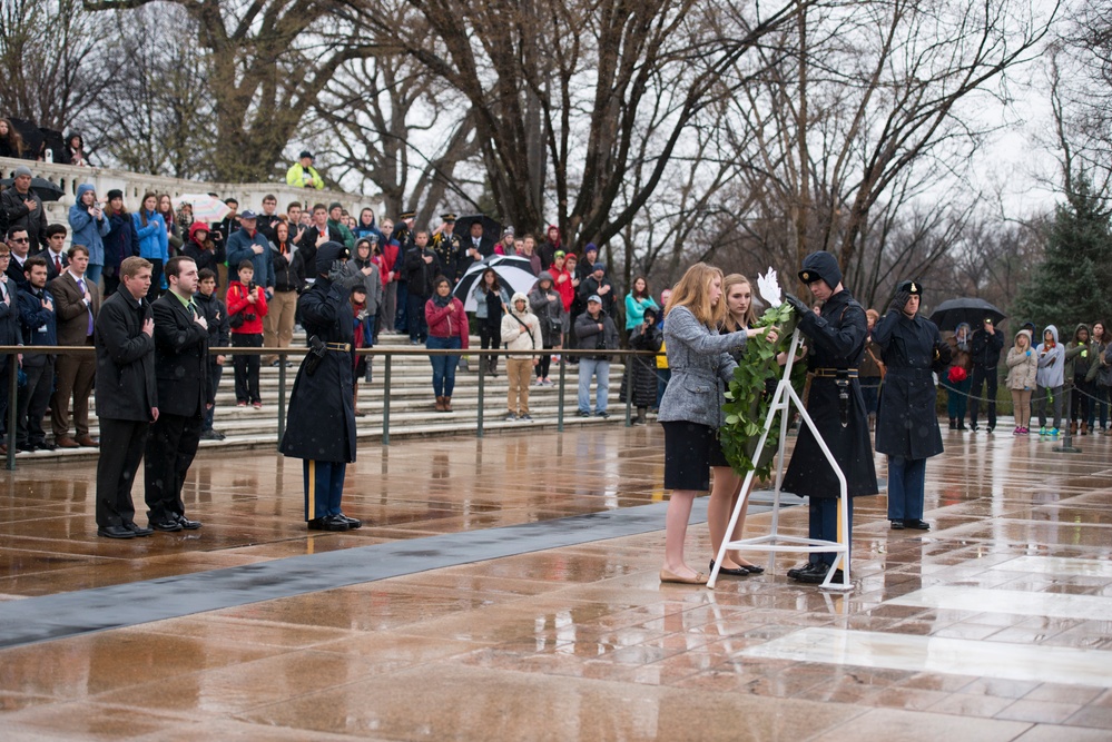 High school students participating in the United States Senate Youth Program lay a wreath at the Tomb of the Unknown Soldier