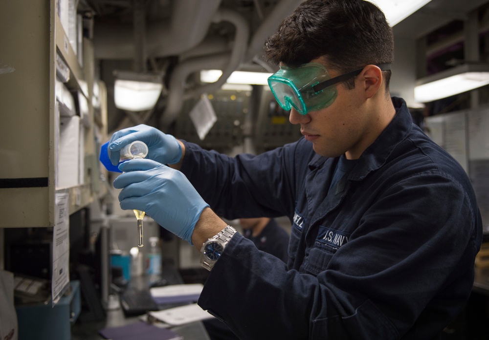 Nightly oil and water check aboard USS Bonhomme Richard