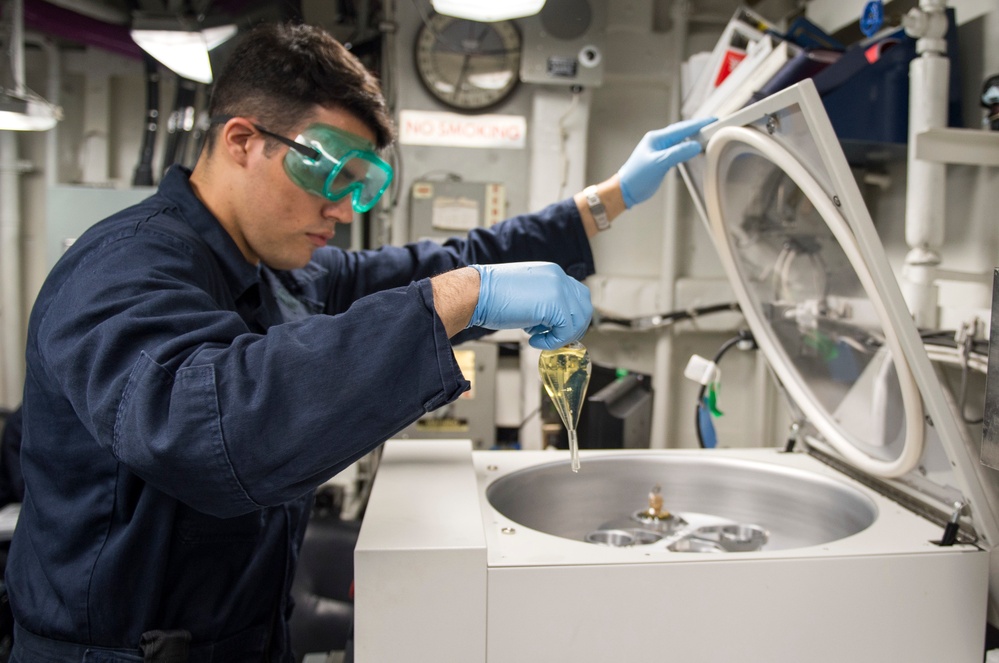 Nightly oil and water check aboard USS Bonhomme Richard