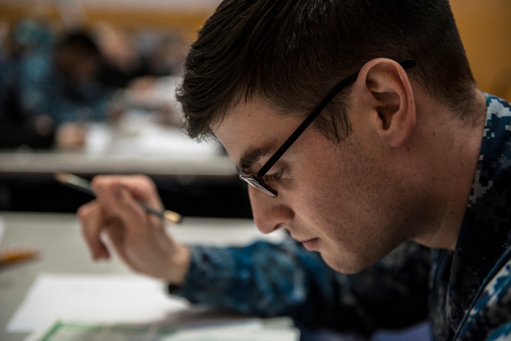 Sailors Prepare For A Petty Officer Second Class Advancement Exam At James D. Kelly Fleet Recreation Center