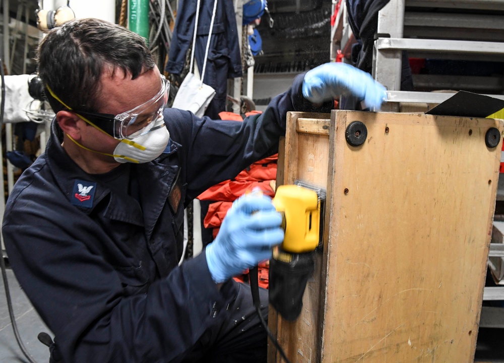 USS Wayne E. Meyer Works on Flag Staff Stand