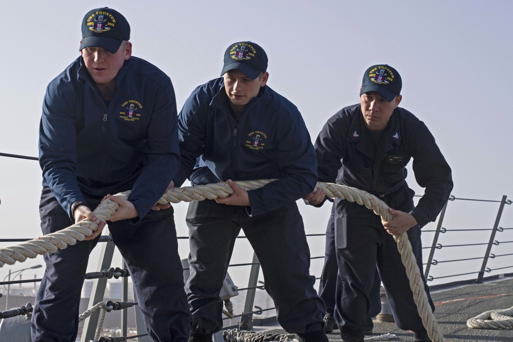 Truxtun is deployed in the U.S. 5th Fleet area of operations in support of maritime security operations designed to reassure allies and partners and preserve the freedom of navigation and the free flow of commerce in the region.